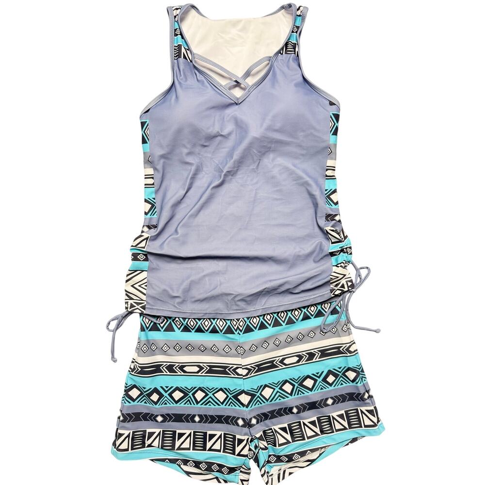 Women’s M Tribal Geometric Ruched Sides Tankini Set Boy Shorts Swim Boho